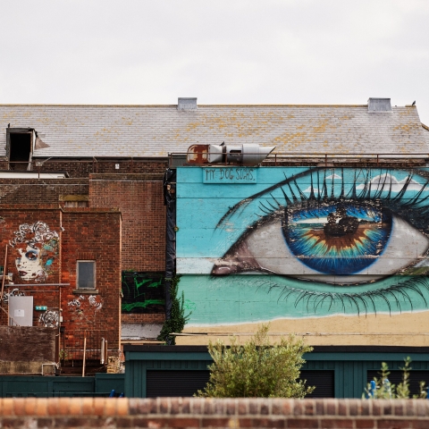 Large Blue eye Artwork onside of building.Southsea Common Artwork - City Guide 2022