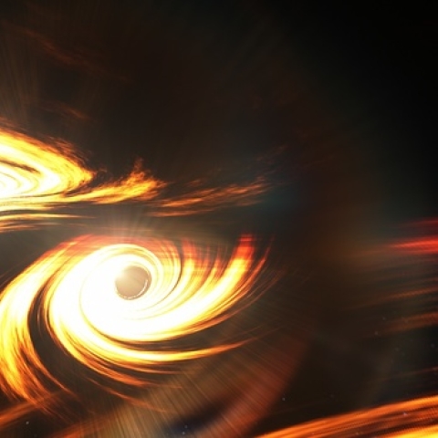 This artist's concept illustrates a hierarchical scheme for merging black holes