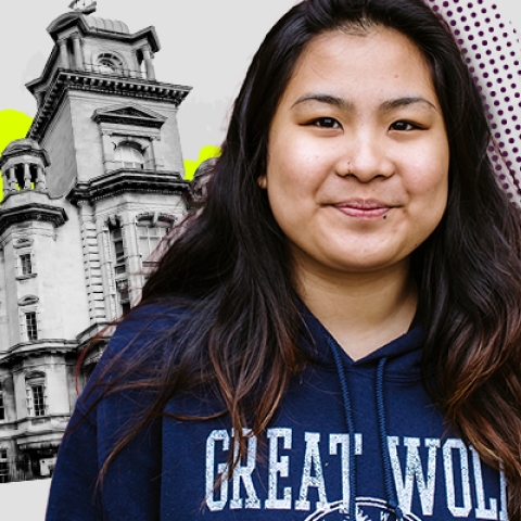 A female student smiling at the camera and a college student at a university event