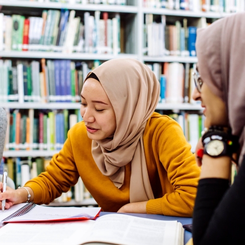 Female student in library looking over paperwork