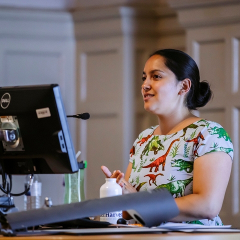 Jen Gupta at computer during talk
