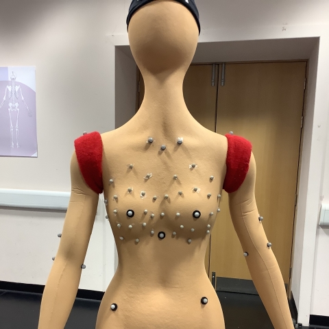 Image caption: Markers used to quantify the motion of the breasts and body.