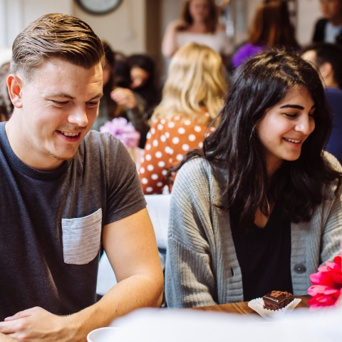 Two international students at the tea and cake afternoon