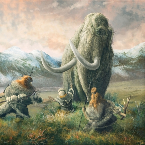 Illustration of woolly mammoth and hunters