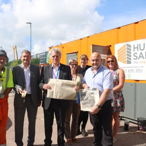 Opening of Nuffield Building time capsule, (from left to right) Bernie Topham, Nathan Byng, Professor Graham Galbraith CBE, Professor Paul Hayes, Sarah Arnold, Anna Delaney, Stacey Langford , Jonathan Craner © University of Portsmouth