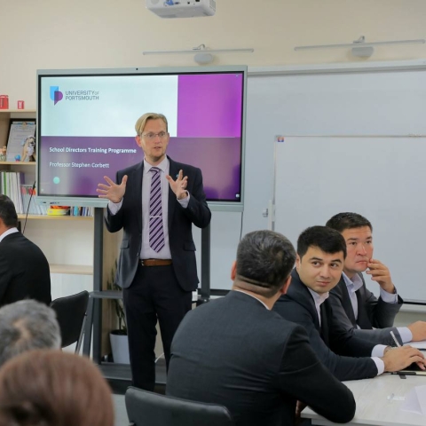 Professor Stephen Corbett at launch event in Tashkent, Uzbekistan in School Number 5