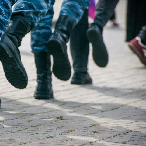 Legs and boots of Russian soldiers marching