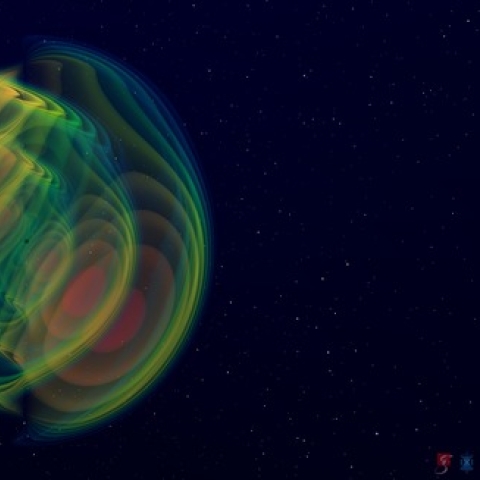 A still image from a numerical simulation of a black-hole binary merger