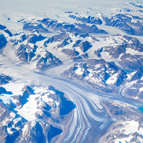 Aerial view of scenic Greenland Glaciers and icebergs
