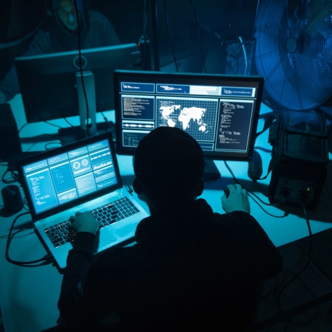 Computer hacker working at laptop