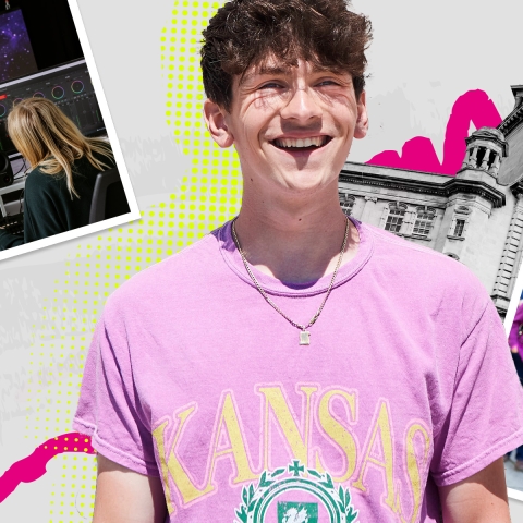 Student in pink shirt smiling with postcard photos showing open day tours
