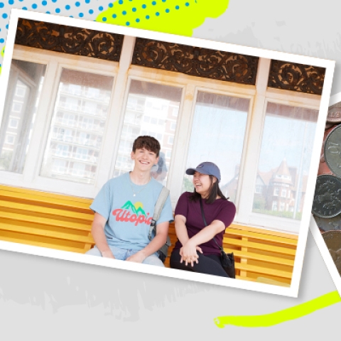 Students laughing at Portsmouth seaside