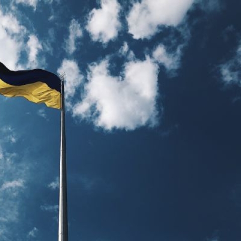 A flag of Ukraine blowing in the wind