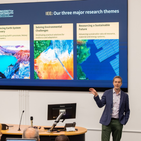 Director of the Institute of the Earth and Environment, Professor James Darling, giving the opening speech at the launch event at the University of Portsmouth