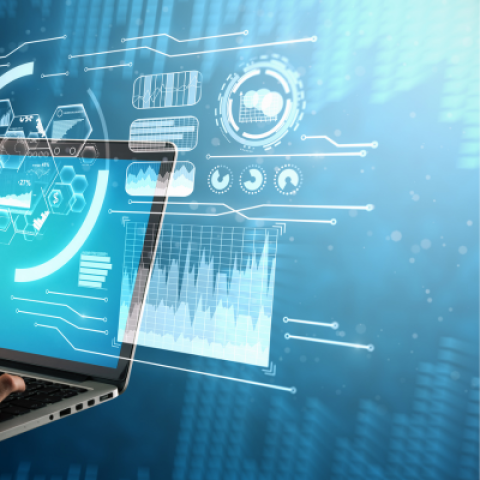 Hand using laptop with digital interface 