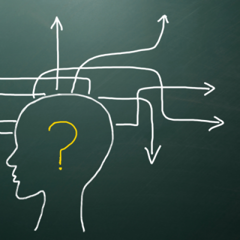 outline of head with draw arrows going in different directions 