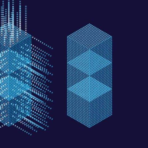 A visual interpretation of data represented by coloured dots appearing at first scattered in space, then becoming organised into a structure