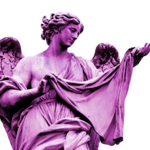 An image of a statue in purple on a white background