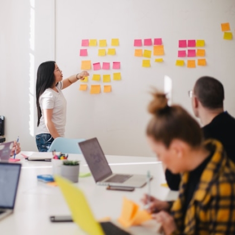Group of people working around a whiteboard 