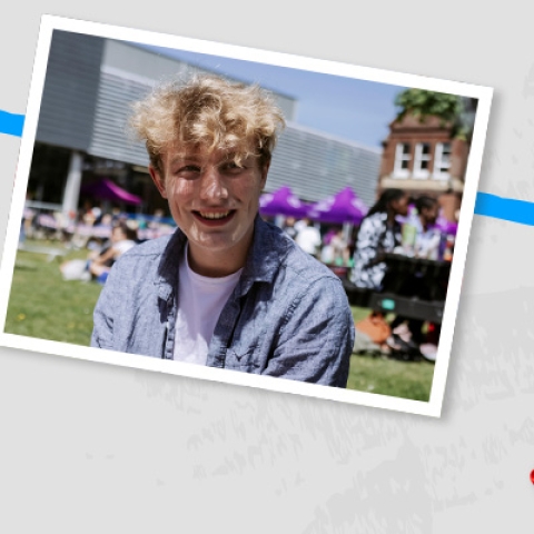 Collage of Portsmouth students in sun and gulls on Southsea sea barrier
