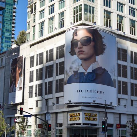 A Burberry billboard advert on the corner of a building in Los Angeles, California. Photo by Pete Pedroza.