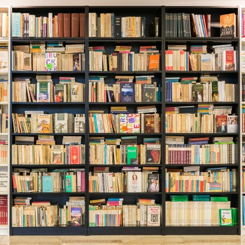 colourful book shelves in a library