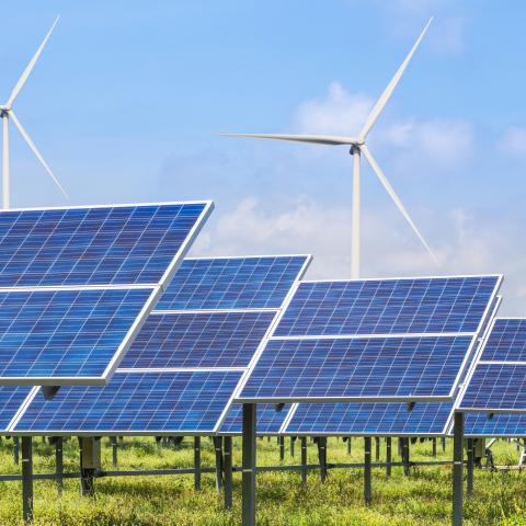 Rows of solar panels, with wind turbines in the background
