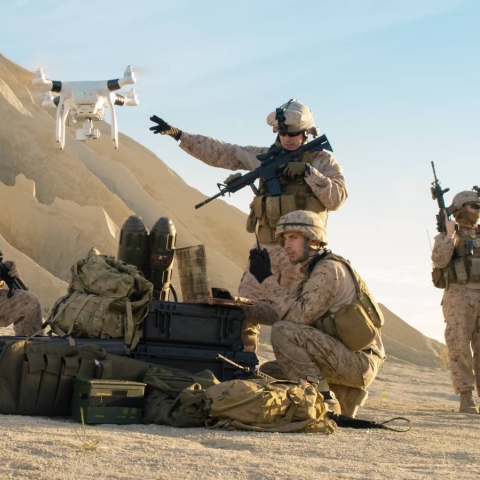Soldiers using drone 