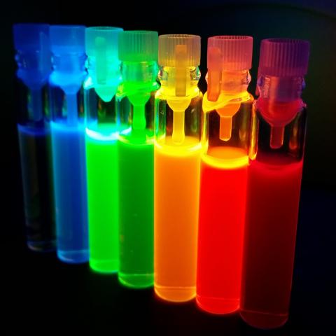 STANDARD LICENSE; PLEASE SEE ADDITIONAL ASSET FOR FULL LICENSE TERMS.

Glass tubes with quantum dots of perovskite nanocrystals, luminescing with all colors of the rainbow under ultraviolet radiation.