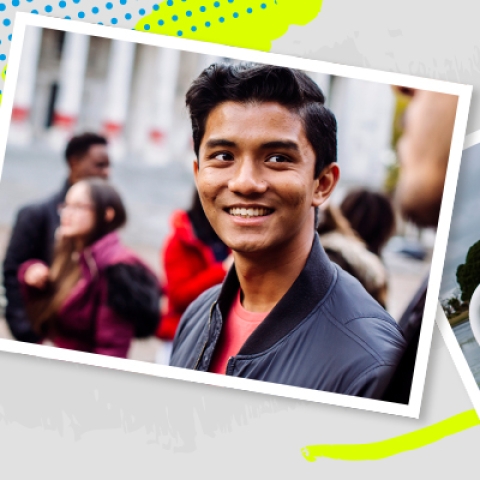 Smiling student in Portsmouth, and pedalos on lake. 