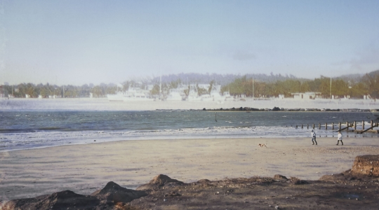 a photo of a sandy beach and waves