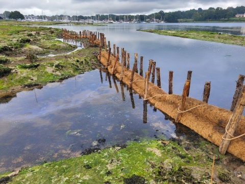 Completed sediment retention barriers in place as the first tide begins to flood the creeks. Photo credit: Luke Helmer