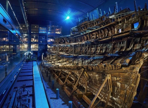 The Mary Rose preserved inside the ship hall at the Museum. Credit Hufton and Crowe.