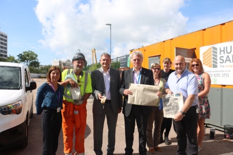 Opening of Nuffield Building time capsule, (from left to right) Bernie Topham, Nathan Byng, Professor Graham Galbraith CBE, Professor Paul Hayes, Sarah Arnold, Anna Delaney, Stacey Langford , Jonathan Craner © University of Portsmouth