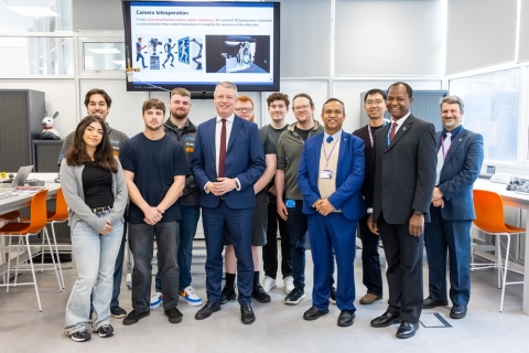 Students and staff with Defence Minister Luke Pollard MP in the University of Portsmouth’s Robotics and Automation Lab
