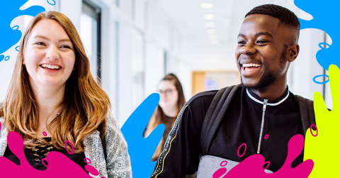 Two students smiling in a university building with colourful splashes around them