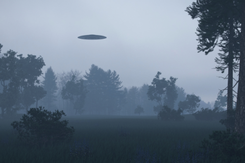 Flying saucer hovering over forest in grey