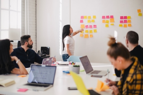 Group of people working around a whiteboard 