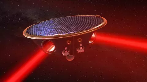 Lasers fired between the satellites, shown in this artist's concept, will measure how gravitational waves alter their relative distances.