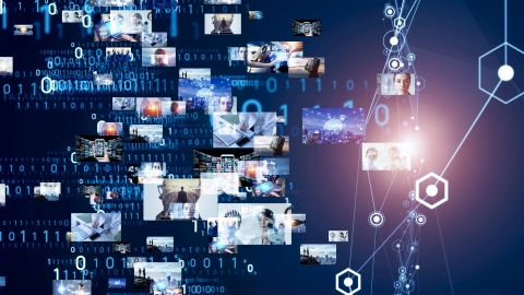 A collage of computer themed images over binary numbers