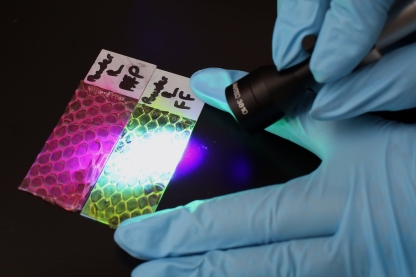 Close up of gloved hands examining crime evidence with torch