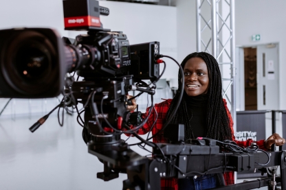 Student editing the footage recorded in the Green Screen Digital Studio in the Eldon Building