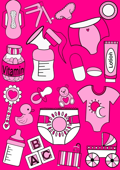 several illustrations of baby orientated objects like dummys, bottles by Eleanor Hopgood