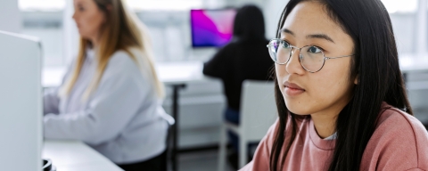 Students working on computers in CCIXR space in Eldon Building.