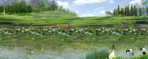 Landscape illustration of a field and pond by Shuk Chiu