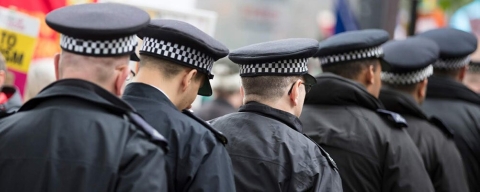 A line of police officers, photographed from the back