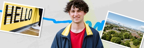 A male student smiling at the camera and a sign that says hello