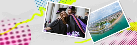Two female students hugging and smiling at university graduation