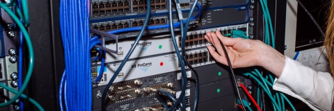 Close-up shot of computers in server room
