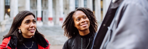International students standing in front of Portsmouth Guildhall